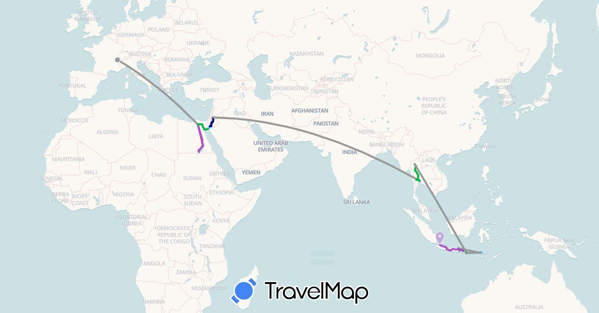 TravelMap itinerary: driving, bus, plane, train, boat in Egypt, France, Indonesia, Jordan, Thailand (Africa, Asia, Europe)